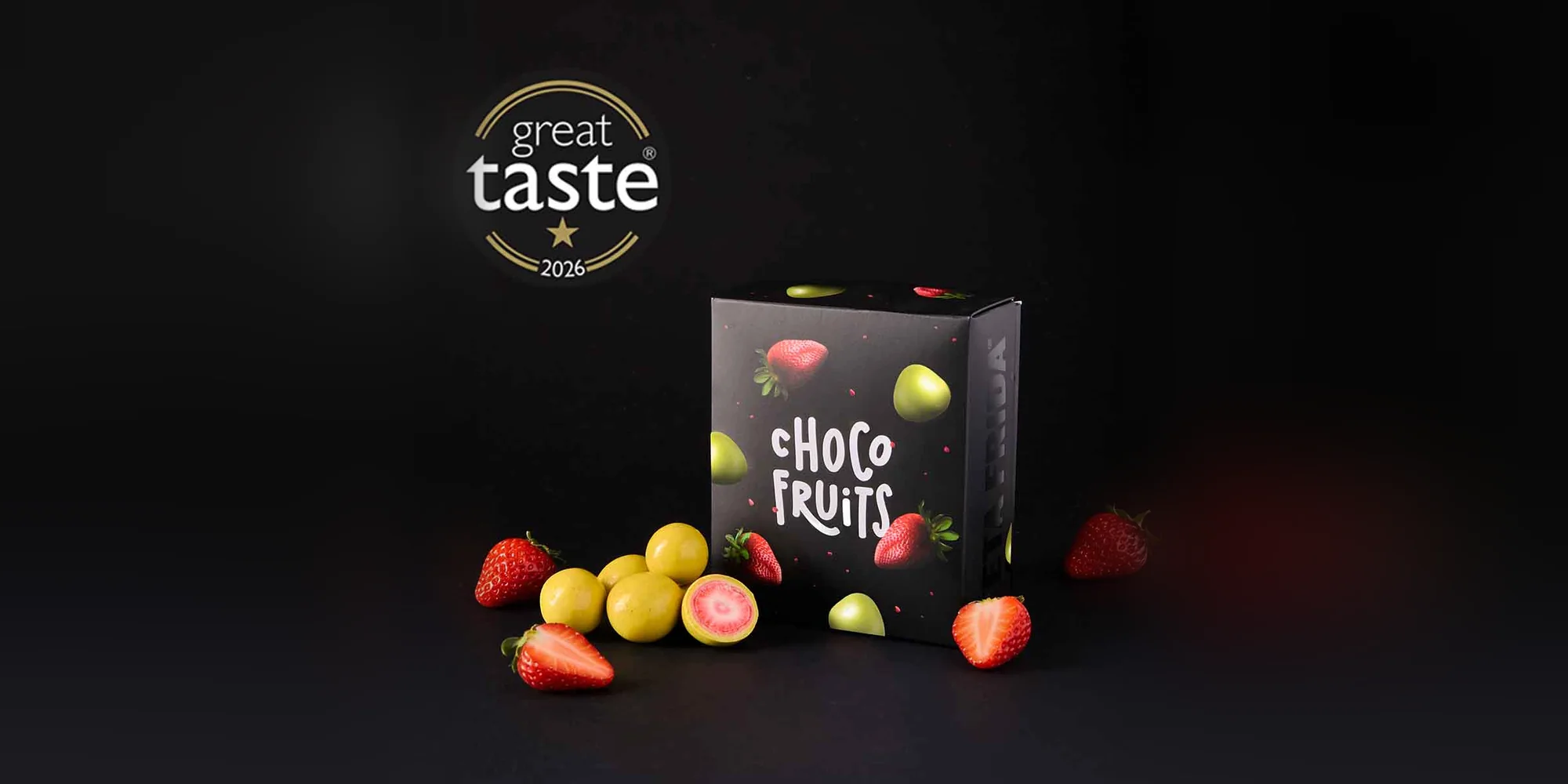 Choco Fruits box with whole strawberries in white chocolate with pistachio and the Great Taste 2026 badge